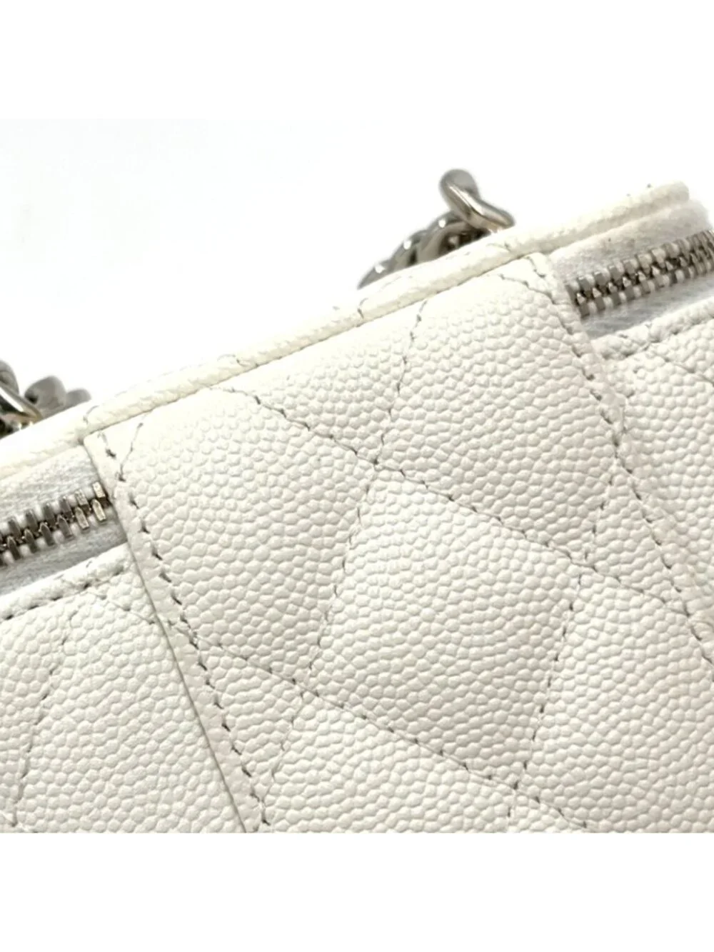 Chanel Classic Small Vanity Caviar Leather White Chain Shoulder Bag Silver
